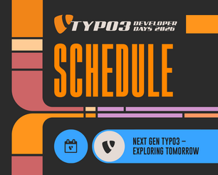 TYPO3 Developer Days 2026 schedule poster with orange and blue design elements