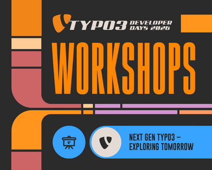 TYPO3 Developer Days 2026 Workshops poster featuring orange and colorful geometric design elements
