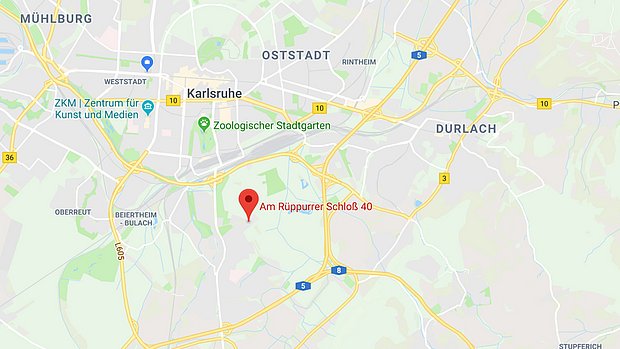 Map of Karlsruhe showing the location of the Geno Hotel marked near Rüppurr.