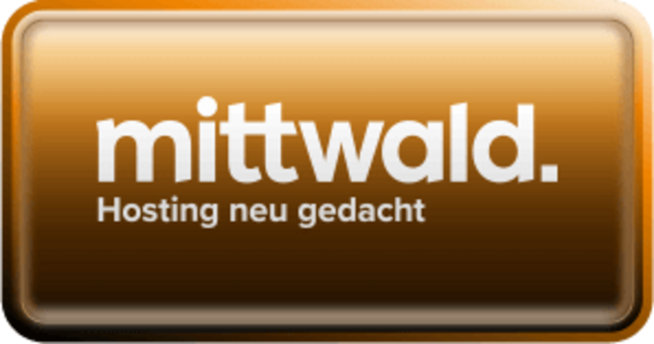 Mittwald hosting logo with orange gradient background and white text reading 'mittwald. Hosting neu gedacht'