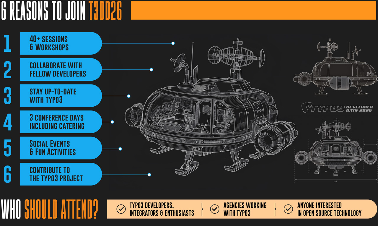 Infographic titled ‘6 reasons to join T3DD26’ listing benefits like sessions and workshops, collaboration with developers, TYPO3 updates, conference days with catering, social events, and contributing to the TYPO3 project.